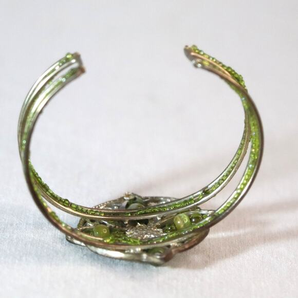 Filagree Cuff Bracelet Silver Tone Green Stones and Beads - Picture 6 of 11
